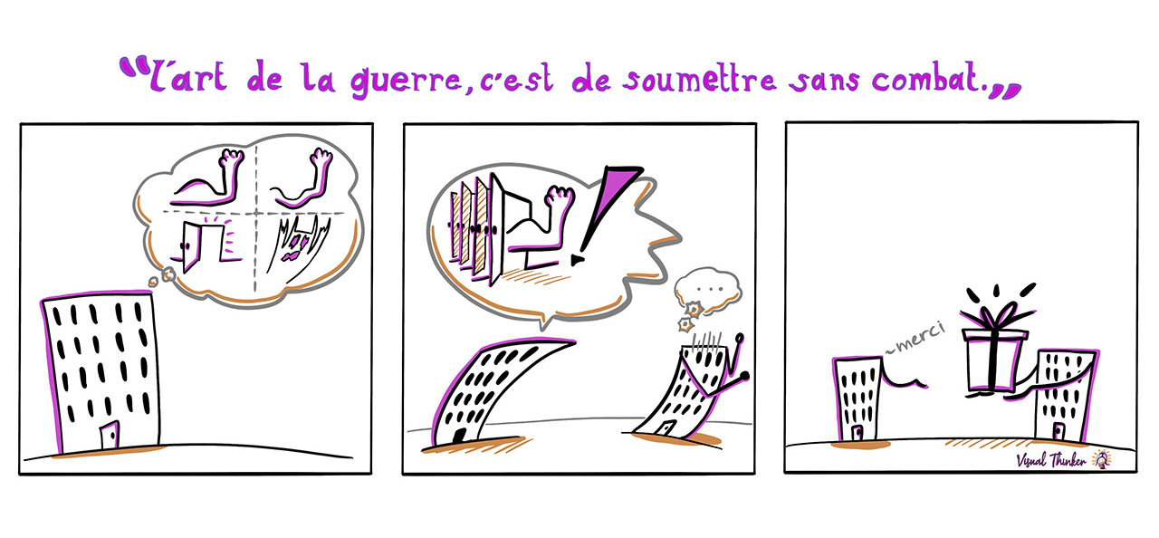 Citation illustrée sous forme de courte bande-dessinée représentant un personnage s'interrogeant sur la manière de convaincre sans faire fuire un second personnage et optant avec succès sur le dialogue et non la force.