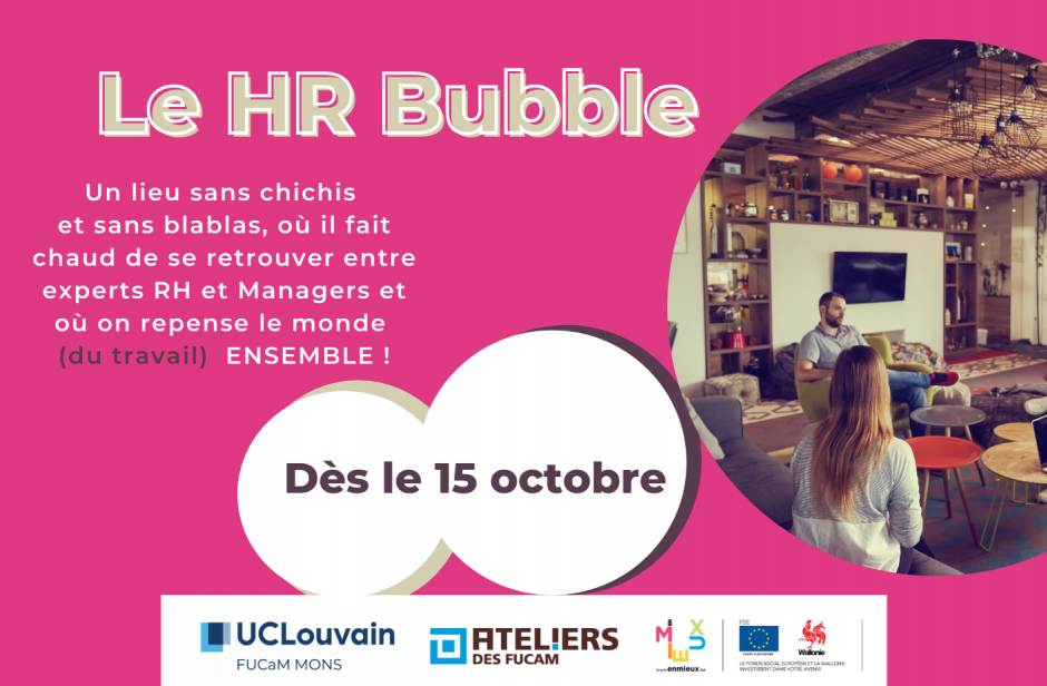 Poster publicitaire de la formation &quote;HR Bubble&quote;, sa phrase d'accroche et les principaux partenaires.